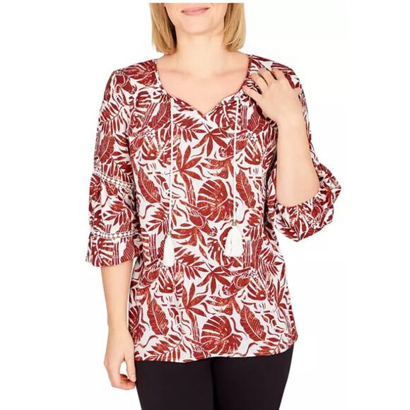 Ruby Rd Linen Blend Meet Me in Tahiti Printed Rust Tassel Blouse Women Sz L - Picture 1 of 7